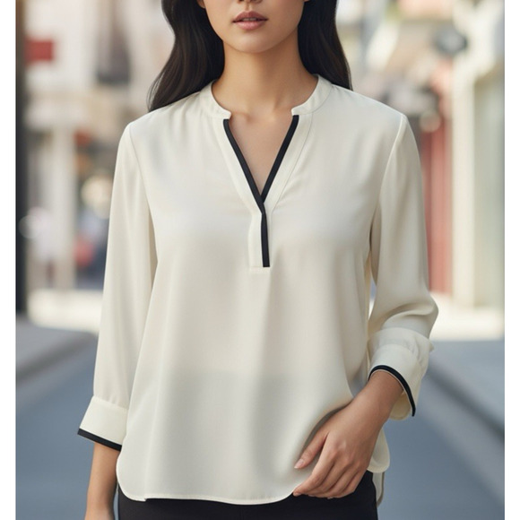 Vince Tipped Contrast 100% Silk Blouse Tan Size 4 Office Quiet Luxury Minimalist - Picture 11 of 12